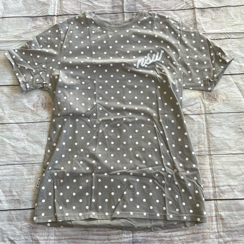 Nike men’s medium grey white polka dots NSW logo short sleeve tee shirt